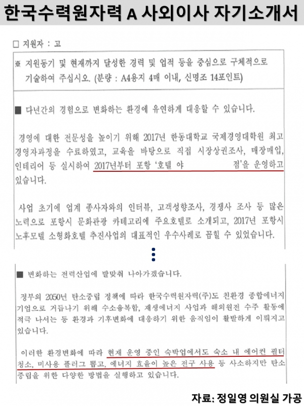 한국수력원자력 A 사외이사의 자기소개서 /정일영 의원실