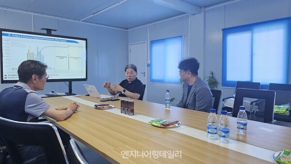 카이사캇 정수장 사업에서 도화는 설계감리 및 시공감리 등 PMC로 사업에 참여하고 있다. 민 단장이 현장에 대한 PPT를 진행하고 있다.